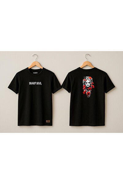 HUBERYWEAR Tricou negru cu imprimeu portret artistic pentru femei croi relaxa...