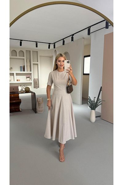 Sezgi Tekin Short Sleeve Stone Linen Bell Dress