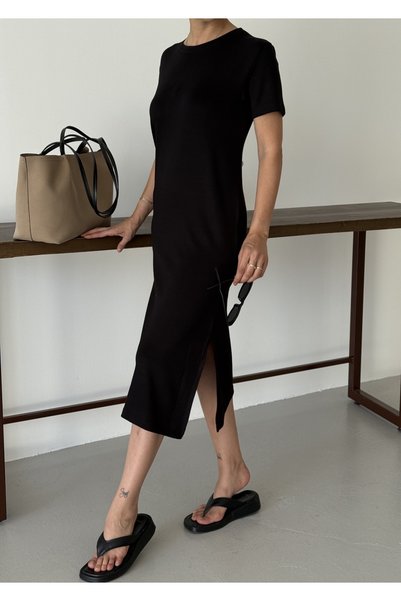 Femira Magaza Black Side Slit Short Sleeve Midi Dress