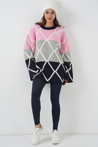 Merterium Women's Diamond Patterned Oversize Long Sweater Navy Blue 1251