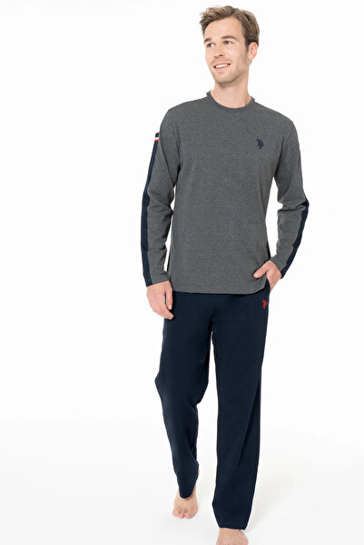 U.S. Polo Assn. Erkek Pijama Takımı, Cepli, Pamuklu, Uzun Kollu, Bisiklet Yaka, Antrasit