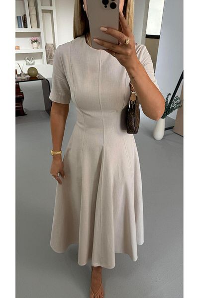 Sezgi Tekin Short Sleeve Stone Linen Bell Dress