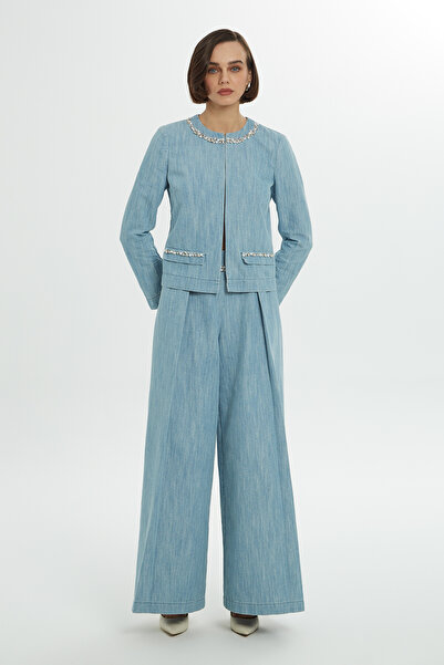 GİZİA Taş İşlemeli Mavi Denim Ceket