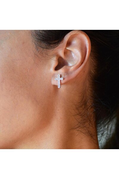 Lithora Jewellery Haç Motifli Zirkon Taşlı Gümüş Küpe