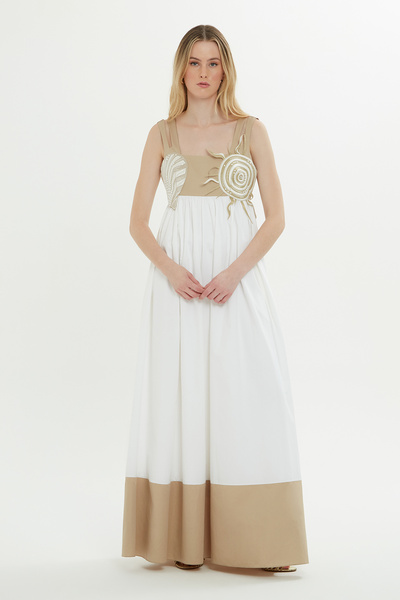 GİZİA İki Renkli Askılı Uzun Beyaz Elbise