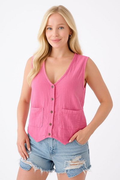 enmodaiçgiyim Women's Pink Vest – 100% Cotton Muslin Fabric, Buttoned, Two Pockets, Summer Stylish Design