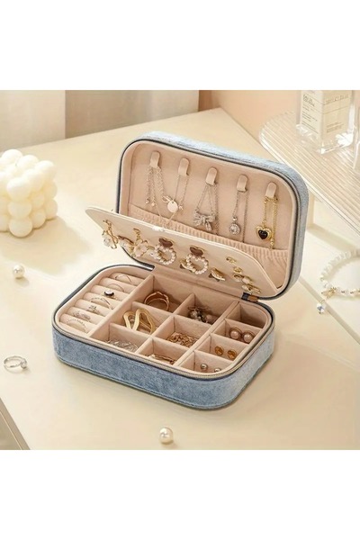 Arzu Güzel Cosmetics Velvet Covered Zipper Jewelry Box for Your Travels, Portable Jewelry Organizer Organizer