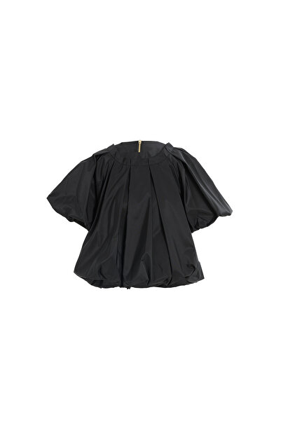 GİZİA Büzgü Detaylı Balon Kol Siyah Bluz