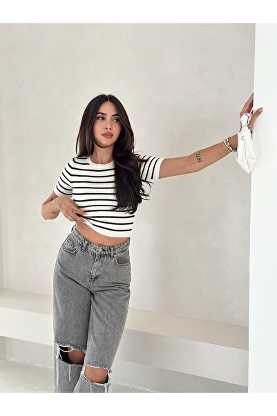 b buhari bykoc Bluză tricotată cu mânecă scurtă cu detaliu în dungi