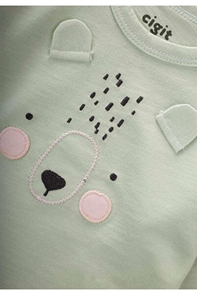 Cigit Animal Appliqued Long Sleeve T-Shirt Set 0-4 Years Water Green