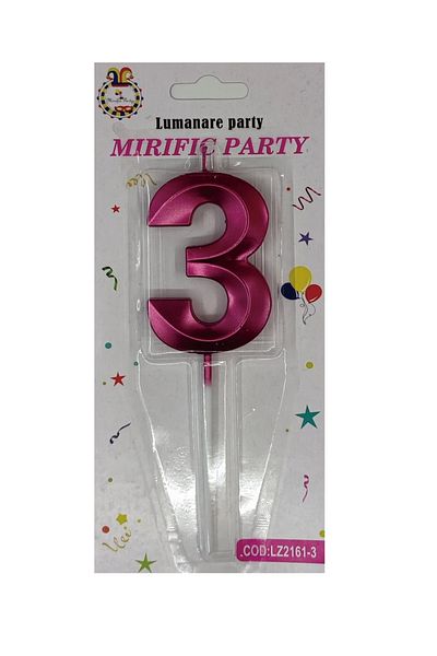 SDX Market Cake candle, number 3, Metallic pink, 15 cm
