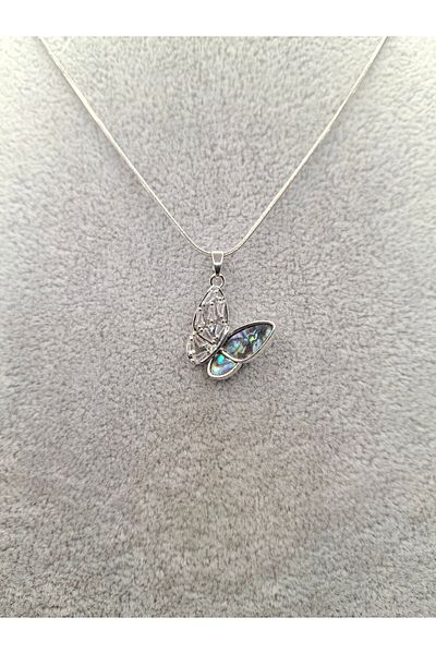 Han Ticarethane Silver Color Stone Butterfly Model Steel Necklace