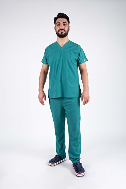 ACAR İŞ TEX Surgical Green Men's Lycra Nurse and Doctor Uniform Set Scrubs Ho...