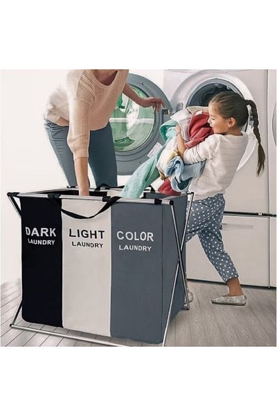 EMATTERIO Foldable Laundry Basket, 3 Compartments, Aluminum Frame, Textile Material, 62x34x56 cm
