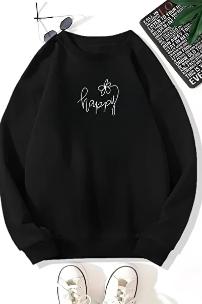 CLAYES Unisex Black Happy Flower Printed Crew Neck Sweatshirt - Winter Embossed Fabric