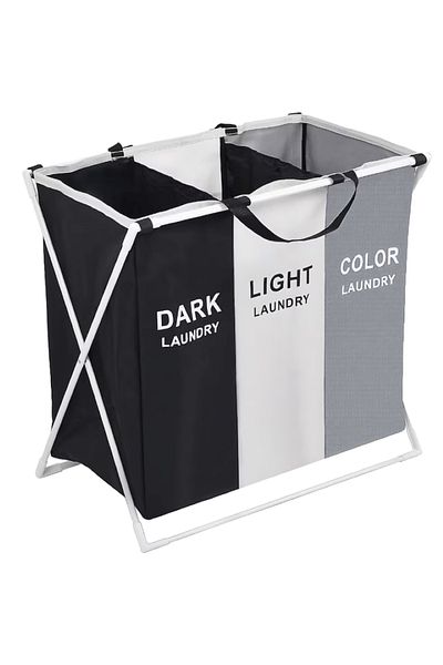 EMATTERIO Foldable Laundry Basket, 3 Compartments, Aluminum Frame, Textile Material, 62x34x56 cm