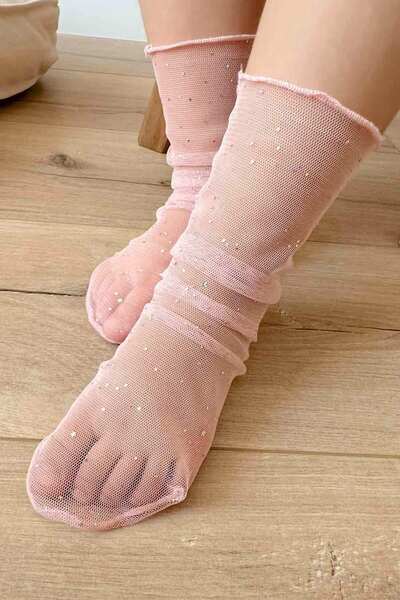 Le Mabelle Чорапи от тюл за момиче - пудра, малки блестящи детайли