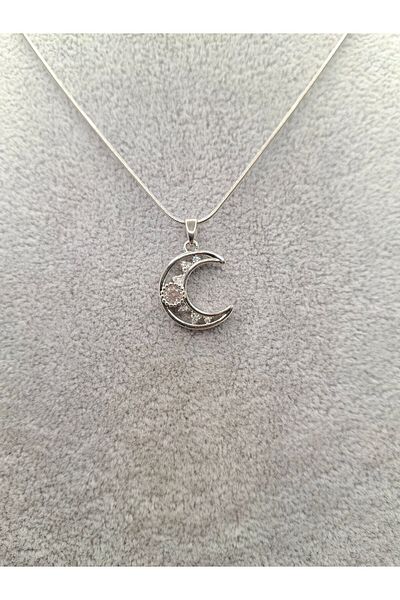 Han Ticarethane Silver Color Stone Crescent Moon Steel Necklace
