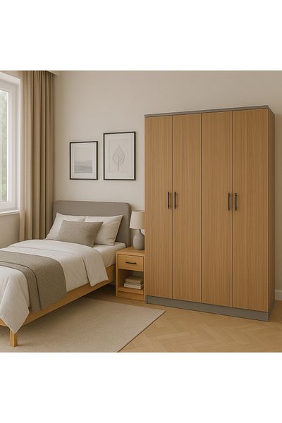 TrentonGCC 4 Door Wooden Wardrobe – Hanging Rod & Shelves – 160 cm Width