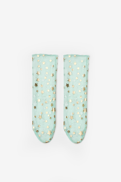 Le Mabelle Mint Gold Little Star Detailed Girl's Tulle Socks