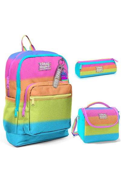 Coral High Patterned School Bag Nutrition Pen Holder Set of 3 23770