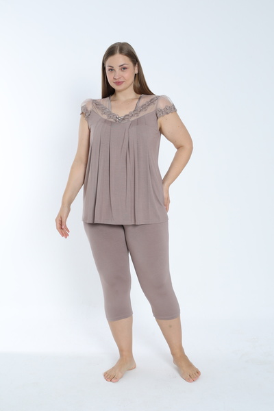 Cotpark Women's Plus Size Viscose Elastane Fabric Short Sleeve Capri Suit 14545-B