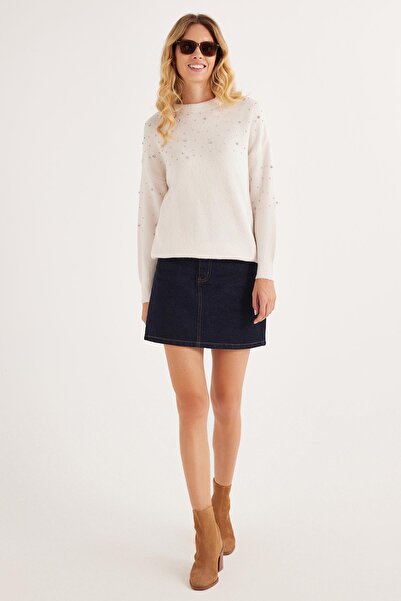 Tudors Women's Slim Fit Slim Fit Crew Neck Embroidered Ecru Sweater