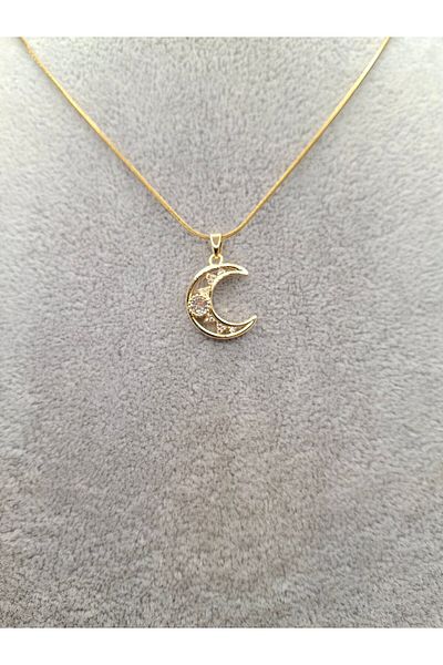 Han Ticarethane Gold Color Stone Crescent Moon Steel Necklace