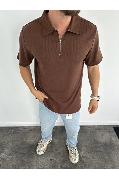 KağanKY Brown Polo Neck Zippered T-Shirt