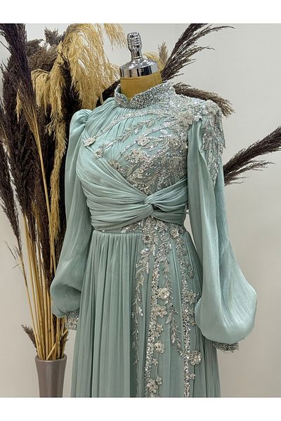 PİENNAR Evening Dress with Beaded Detail and Draped Front