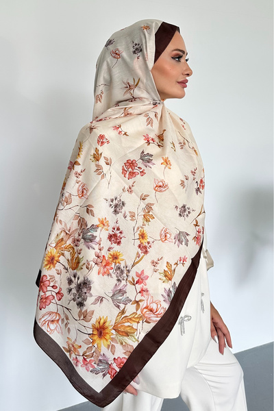 Stella Eşarp Flowers Floral Pattern Καφέ μαλακό βαμβακερό σάλι