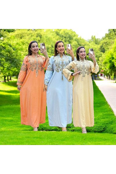 Generies A set of 3 embroidered linen jalabiyas with an elegant and modern design, sizes from 60 to 100 kg