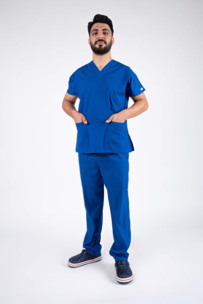 ACAR İŞ TEX Saks Blue Men's Lycra Nurse and Doctor Jersey Set Scrubs Hospital...