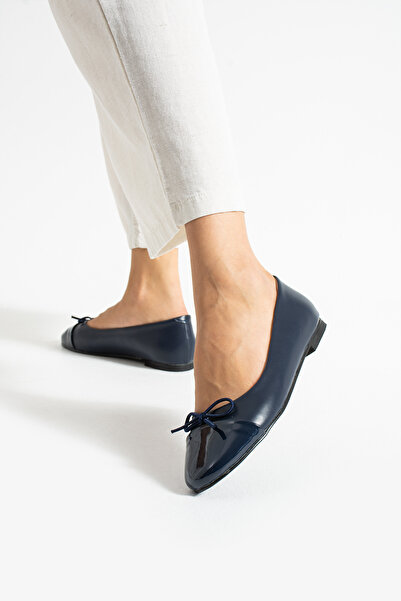 Güllü Shoes Navy Blue Patent Leather Toe Bow Detailed Women's Ballerinas – Vegan Leather, Non-Slip Sole, Casual & Office Chic