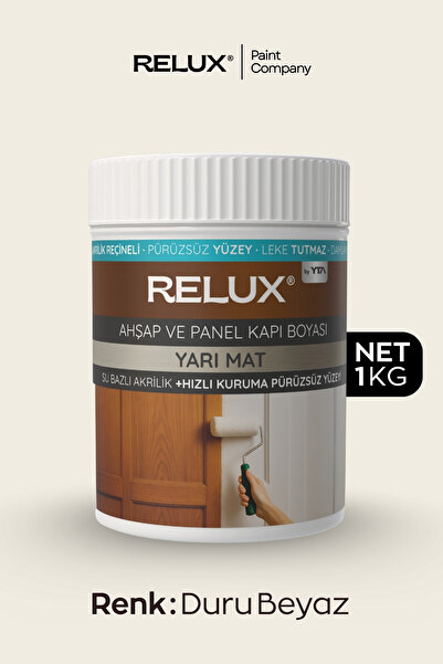 Relux Paint Su Bazlı Pürüzsüz Ahşap & Panel Kapı Boyası – Kokusuz, Sararma Dirençli, Yarı Mat, Hızlı Kuruyan 1KG