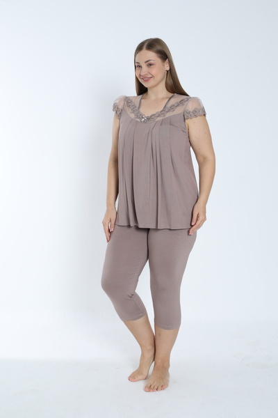 Cotpark Women's Plus Size Viscose Elastane Fabric Short Sleeve Capri Suit 14545-B