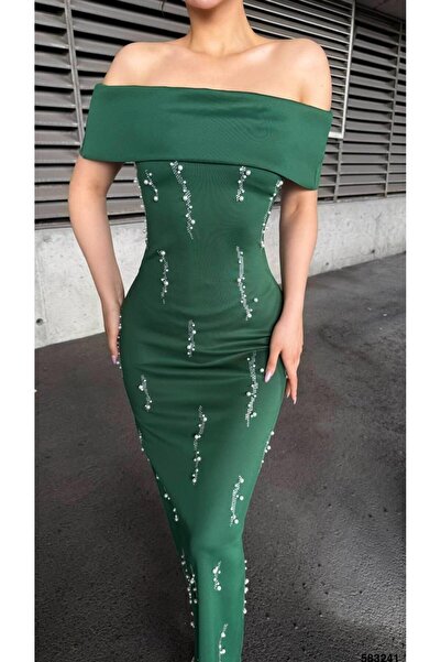 Modafeminen Stone Detailed pánt nélküli nyakú búvárszövet ruha smaragd 583241