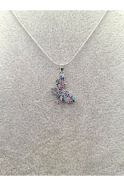 Han Ticarethane Silver Color Colorful Stone Butterfly Model Steel Necklace