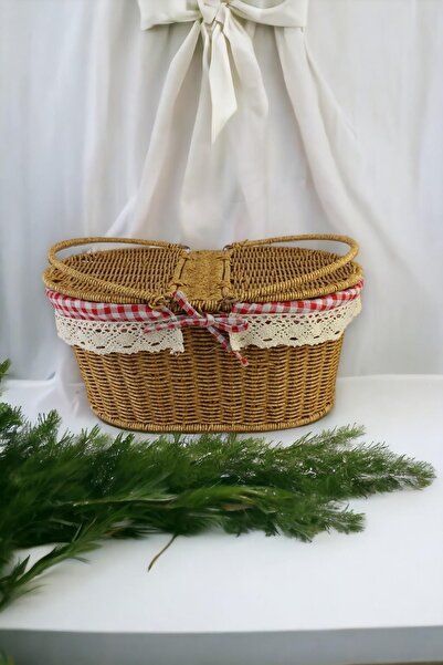 morponi Μεγάλο Πλαστικό Πλεκτό Καλάθι Πικ-νικ Οβάλ Καρό BRT