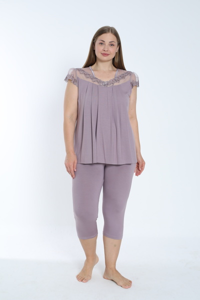 Cotpark Women's Plus Size Viscose Elastane Fabric Short Sleeve Capri Suit 14545-B