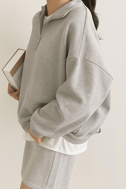 GHASSY CO. Ghassy Co. Women's Cotton Oversize Silver Half Zip Sweatshirt