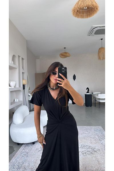 Buket Teke Black Waist Knot Detailed V-Neck Elegant Dress
