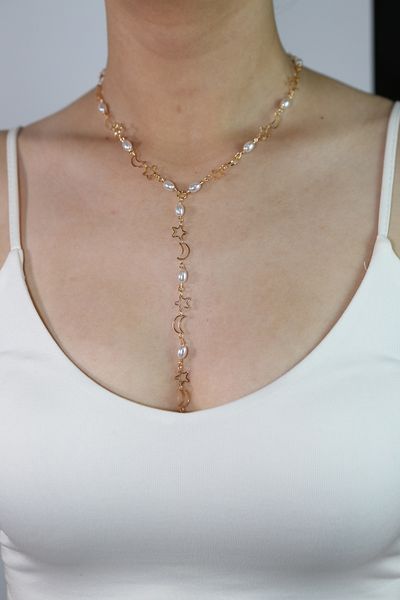 MARCİELO Accessories Y Necklace - Moon Star Pearl Low-Cut Necklace