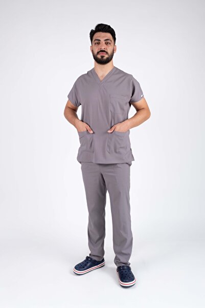 ACAR İŞ TEX Gray Lycra Men's Nurse and Doctor Uniform Set Scrubs Hospital Uni...