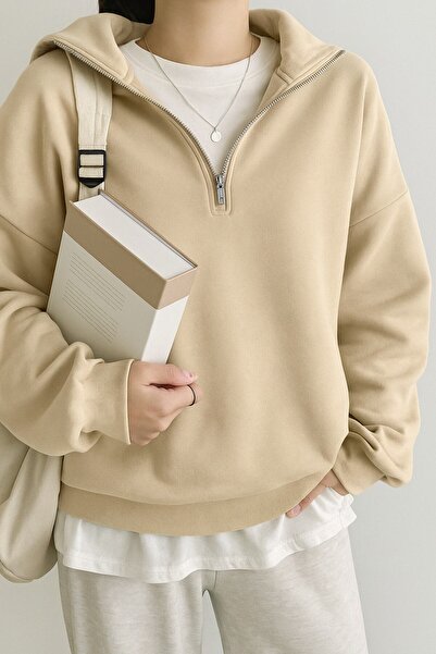 GHASSY CO. Ghassy Co. Women's Cotton Oversize Silver Half Zip Sweatshirt