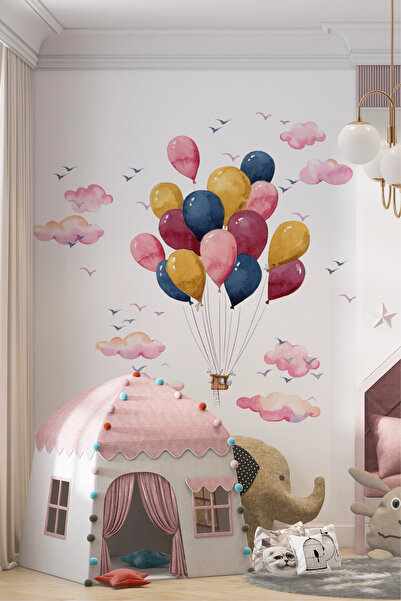 SDİGİTAL Pastel Renkli Uçan Balon ve Bulut Temalı Bebek ve Çocuk Odası Dekoru...