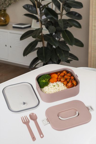 Okyanus Home Lunch Box with Stainless Steel Chamber Single Layer Self Fork Spoon Lunch Box Pink