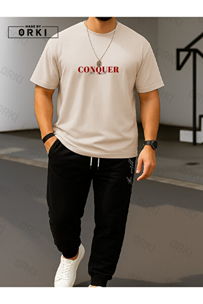 EFFRENATU Conquer the World Printed Oversize Beige T-Shirt & Black Pants Tracksuit Set