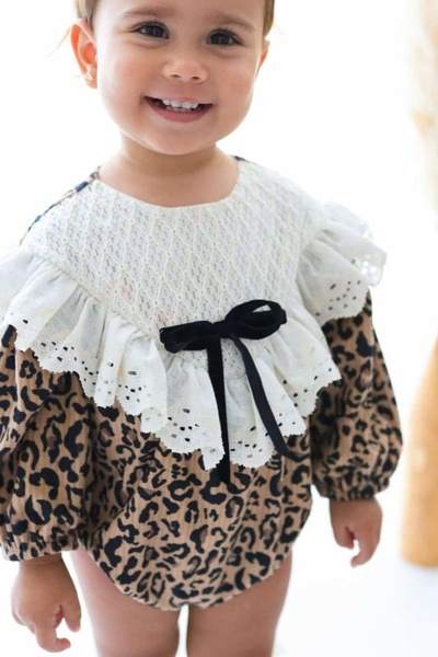 Le Mabelle Brown Leopard Patterned Baby Girl Romper with Fishtail Collar - Lenora