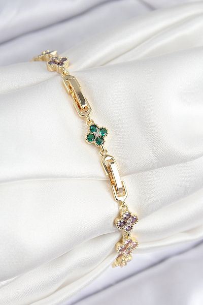 Clariss Vip Brass Colored Zircon Stone Clover Model Gold Color Women's Bracelet
